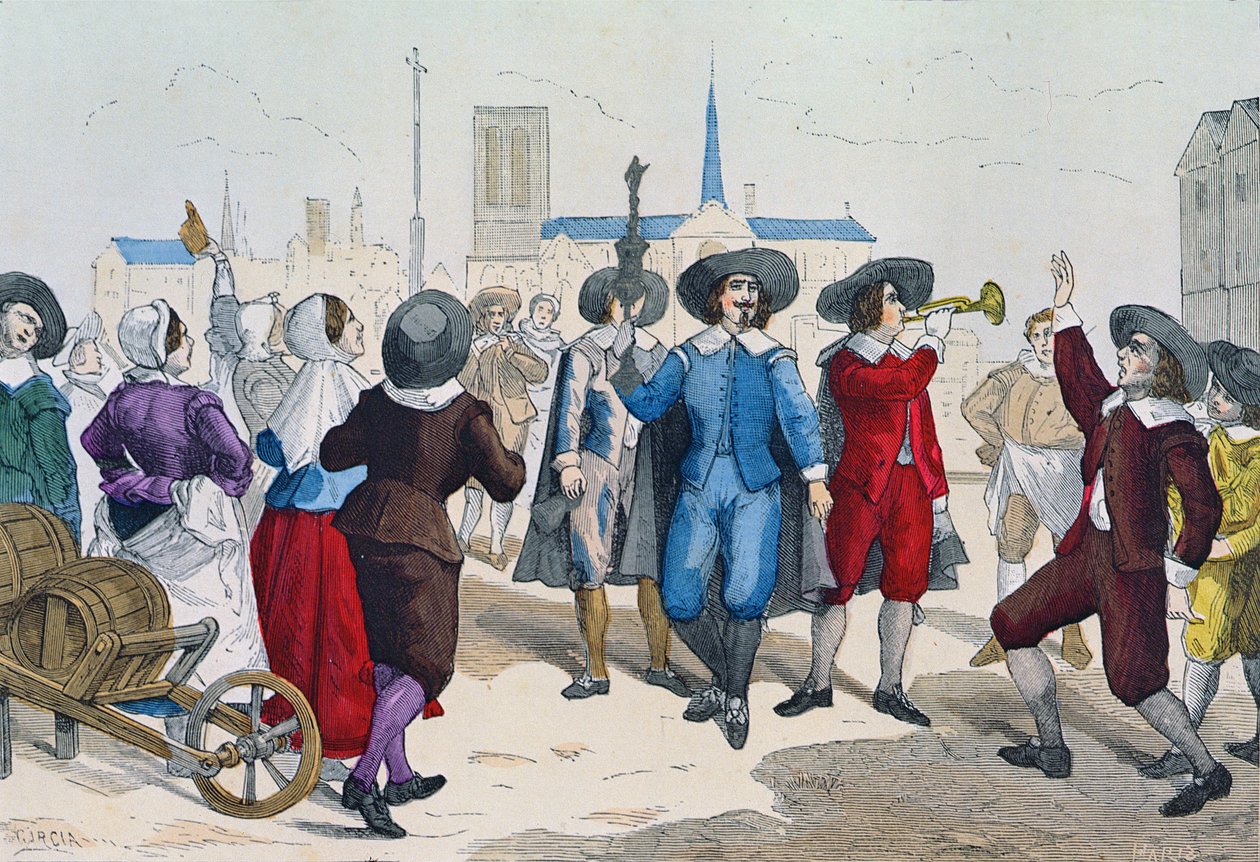 Vendedores de vino solían recorrer las calles en la época de Luis XIII precedidos por su líder llevando una copa de plata, de 