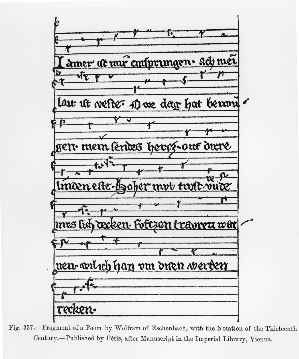 Fragmento de un poema de Wolfram de Eschenbach, publicado por Fetis, ilustración de 