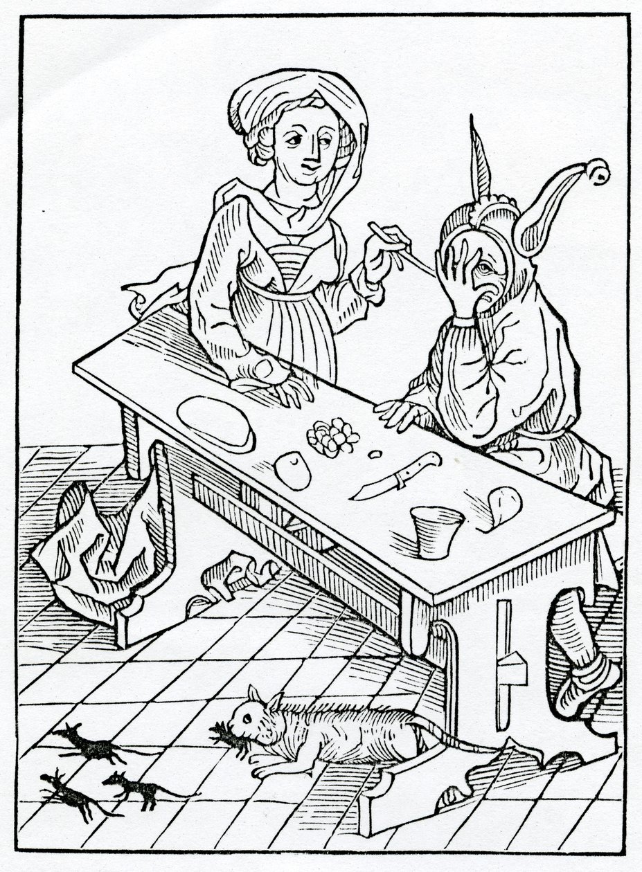 De la adulterio, y especialmente de aquellos que son proxenetas de sus esposas, sabiendo y no queriendo saber, pero guardan el secreto, por codicia y ganancias o ventaja, ilustración de la traducción inglesa de Alexander Barclay de German School