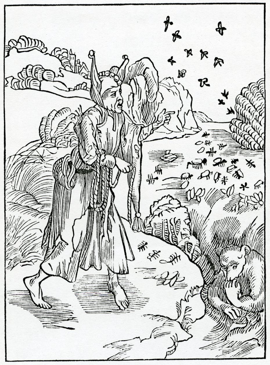 De los tontos sin provisión, que no proveen en el verano para vivir en el invierno ni en la juventud para vivir en la vejez, ilustración de la traducción inglesa de Alexander Barclay de 