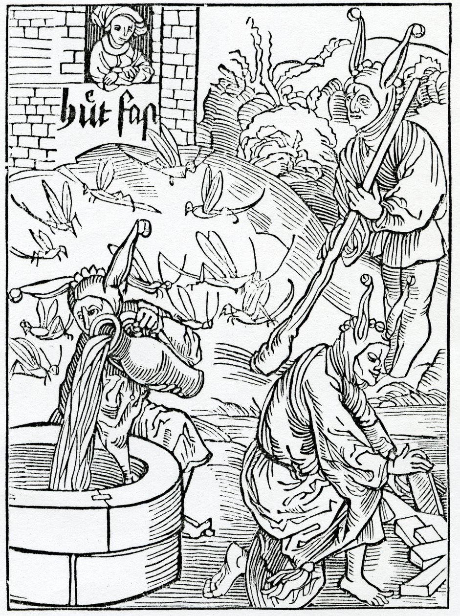 De aquel que es celoso de su esposa y la vigila sin causa, o evidencia de su mala conducta, ilustración de la traducción al inglés de Alexander Barclay de 