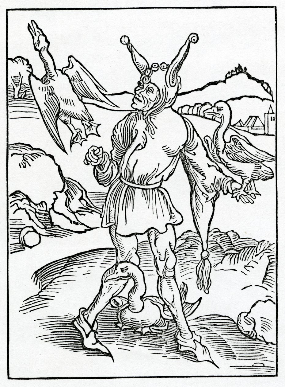 De aquel que no puede y no quiere aprender, y dice mucho, llevando poco, no me refiero a los ladrones, ilustración de la traducción al inglés de Alexander Barclay de 