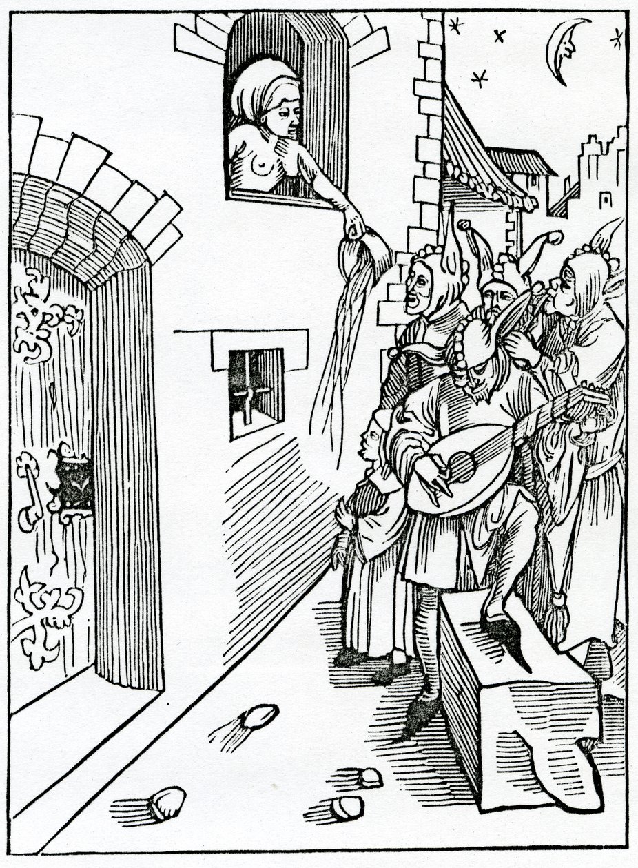 De los vigilantes nocturnos y los que golpean las calles tocando instrumentos y haciendo tonterías cuando es hora de descansar, ilustración de la traducción al inglés de Alexander Barclay de 