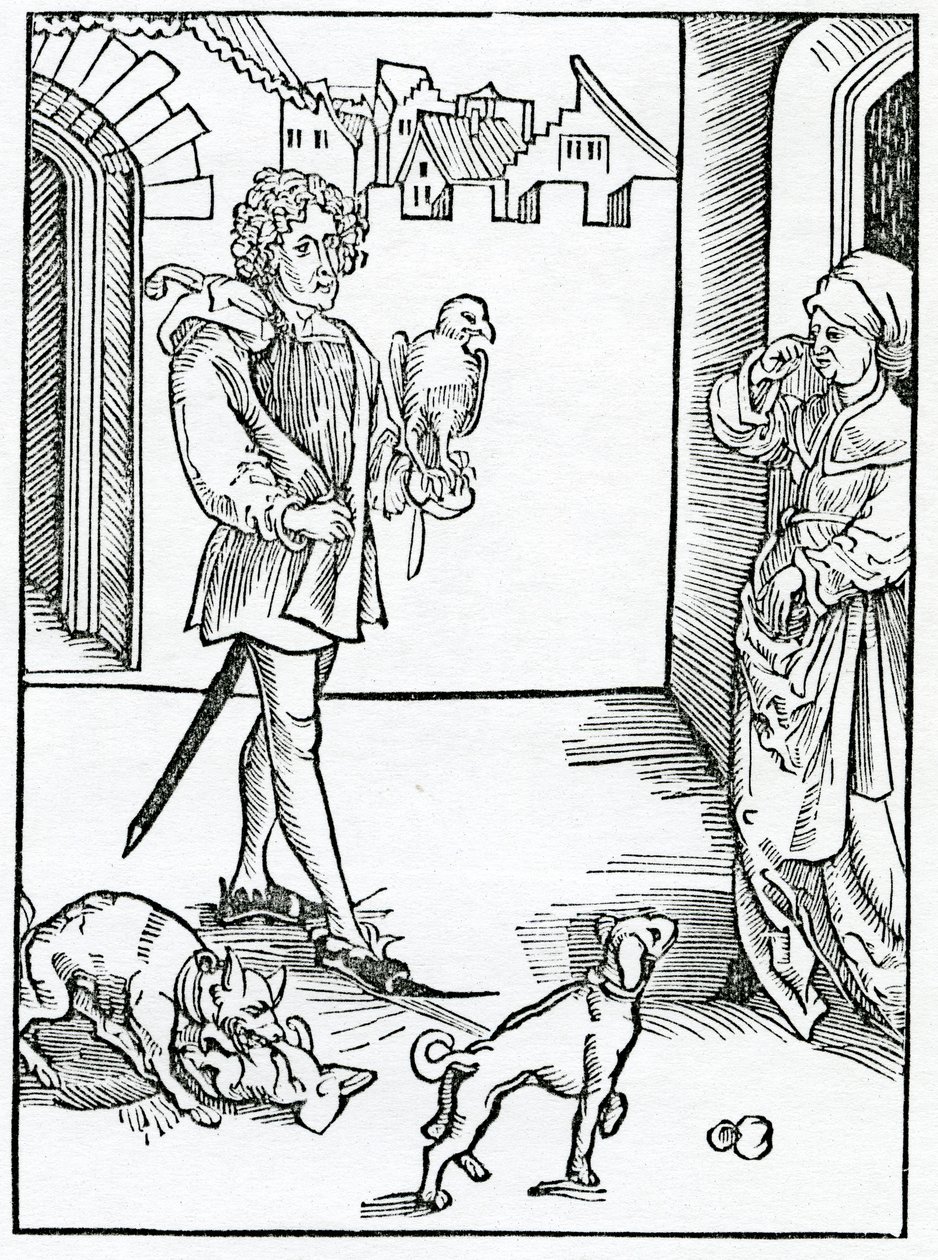 De aquellos que hacen ruidos, recitan cuentos y hacen otras cosas ilícitas y deshonestas en la iglesia de Dios, ilustración de la traducción al inglés de Alexander Barclay de 