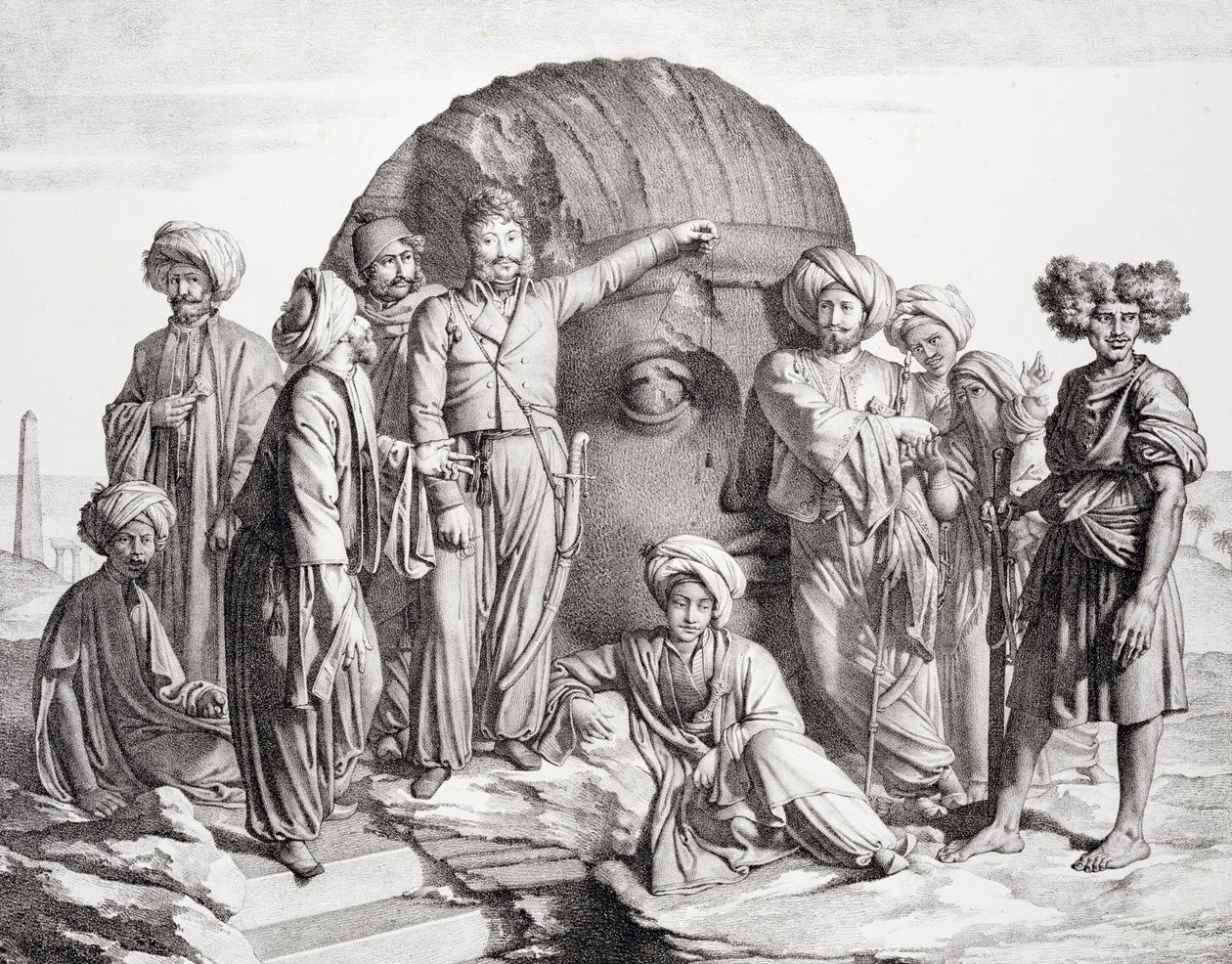 Monsieur Drovetti y sus seguidores usando una plomada para medir una cabeza colosal en el desierto egipcio, grabado por G. Engelmann, de 