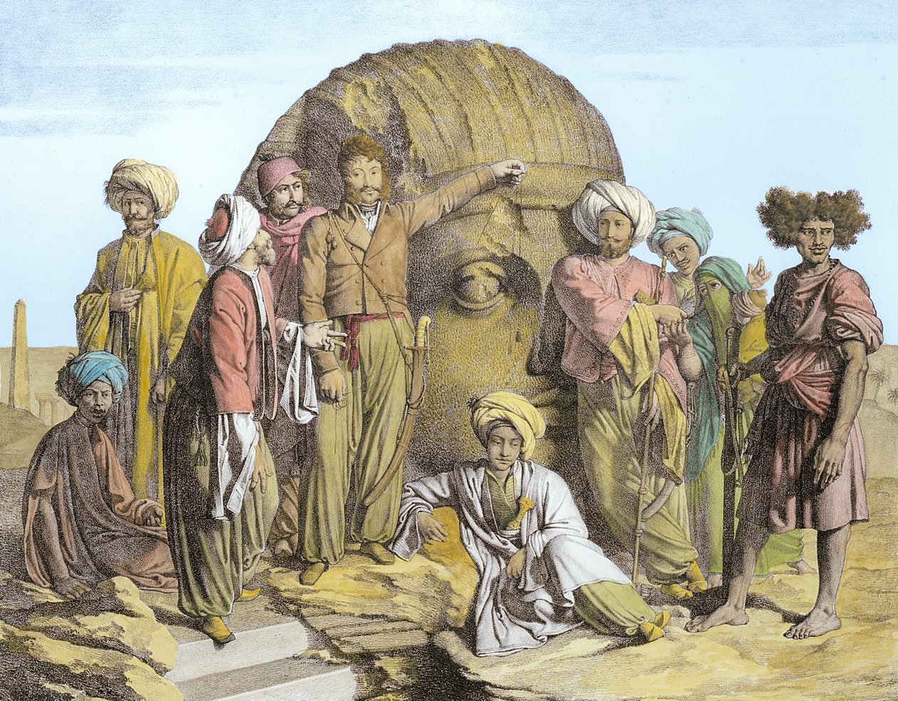 Monsieur Drovetti y sus seguidores usando una plomada para medir una cabeza colosal en el desierto egipcio, grabado por G. Engelmann, de 