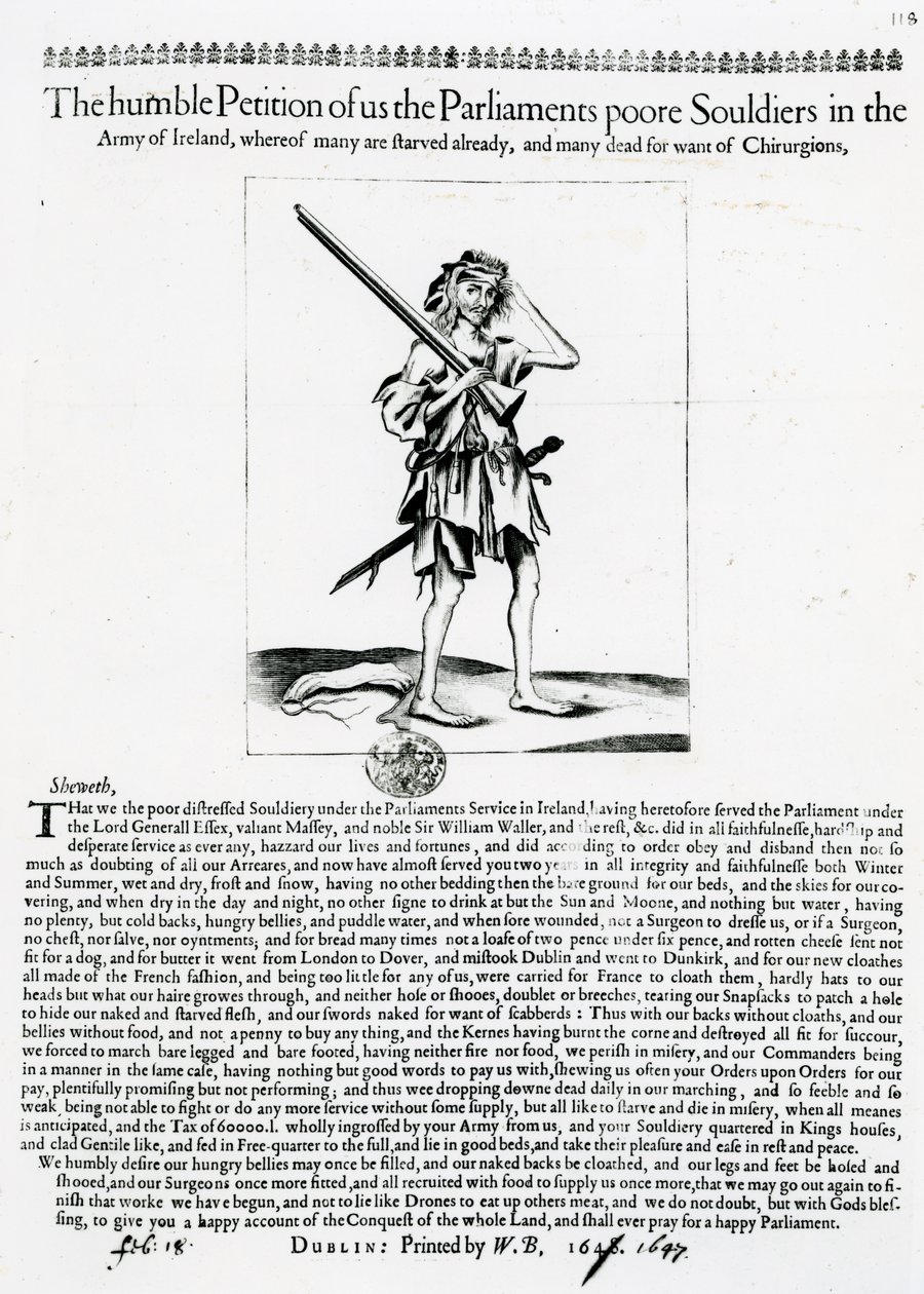 La humilde petición de nosotros los pobres soldados del Parlamento en el ejército de Irlanda, de los cuales muchos ya han muerto de hambre y muchos han muerto por falta de cirujanos, publicado en 1648 de Irish School