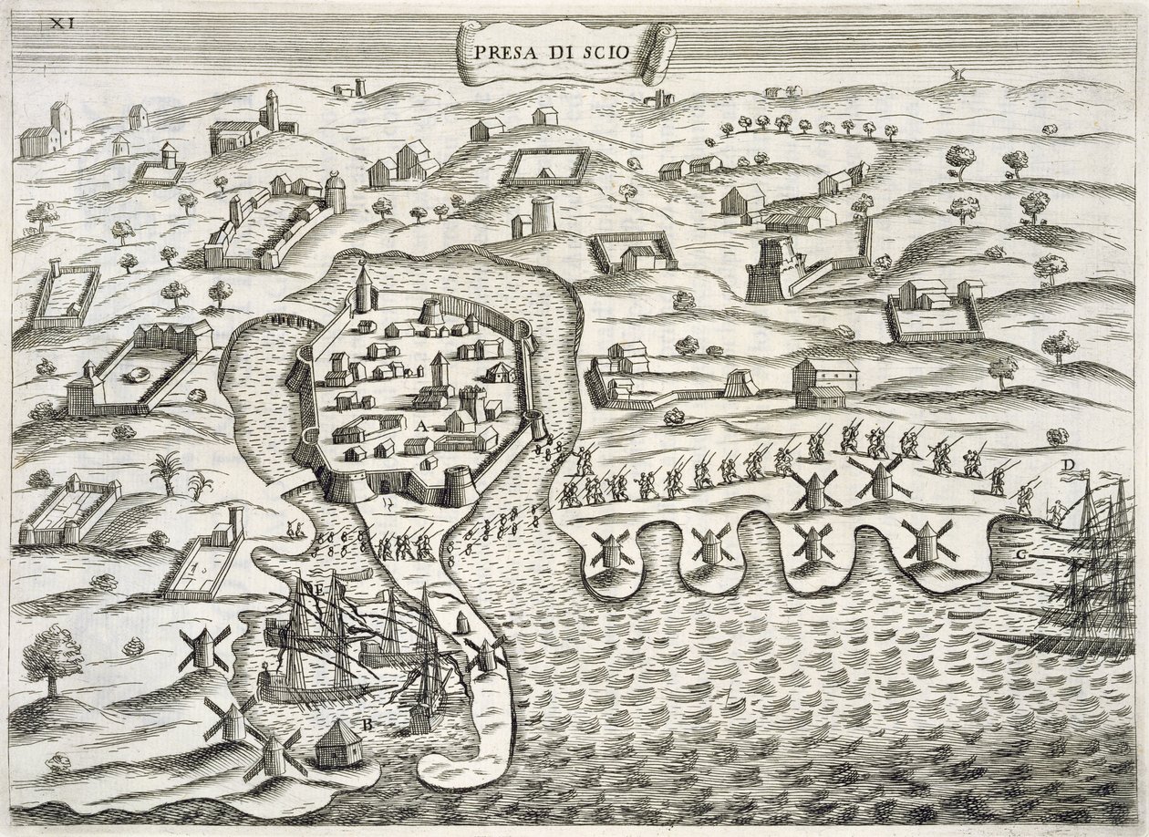 Soldados italianos marchando hacia la ciudad fortificada en la Isla de Chios, ilustración de 
