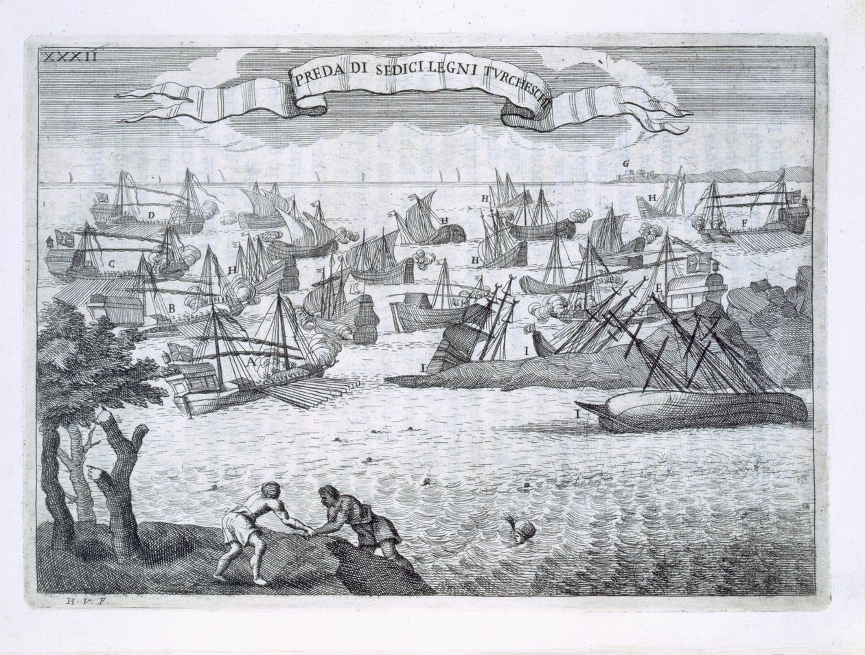 Dieciséis barcos piratas al servicio de los turcos hundidos por italianos en sus galeones y galeazas, ilustración de 