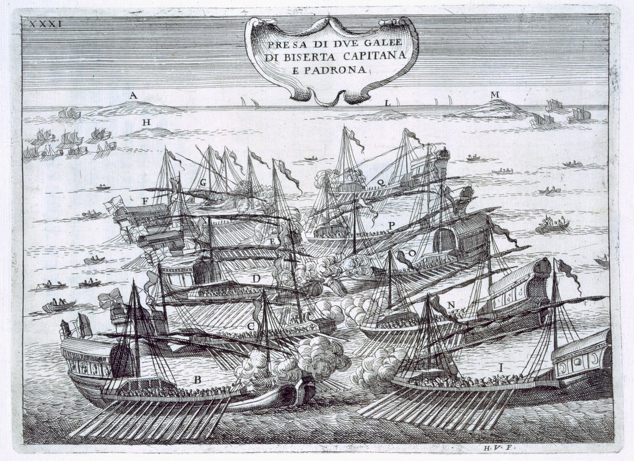 Dos galeones de Birserta tomados por los italianos en una batalla naval, principalmente de galeazas, ilustración de 