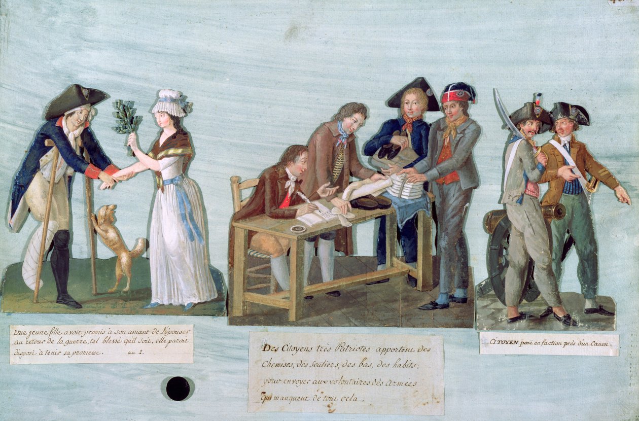 Una mujer prometiendo casarse con su pretendiente herido después de la guerra, ciudadanos patrióticos donando su ropa a los voluntarios y guardias cerca de su cañón, c.1792 de Lesueur Brothers