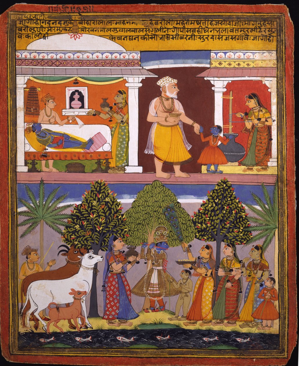 Escenas de la infancia de Krishna, de un manuscrito de Sur Sagar de   Manohar