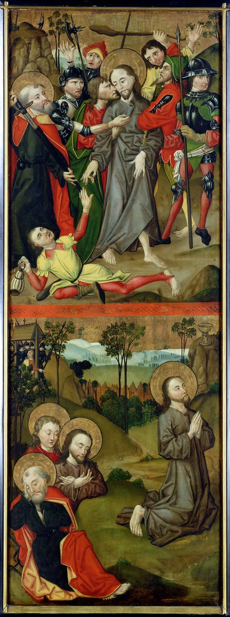 El arresto de Cristo y Cristo en el jardín de Getsemaní, panel de un retablo que representa escenas de la Pasión y Santos, 1490 de Master of the Luneburg Footwashers