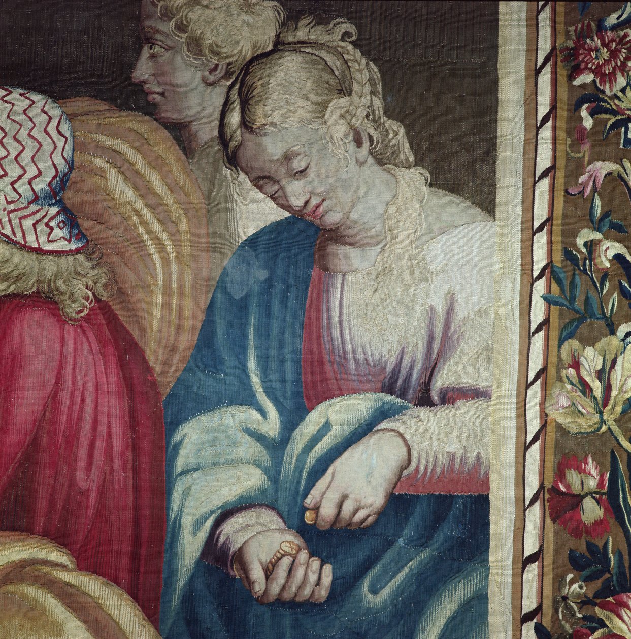 Tapiz que representa los Hechos de los Apóstoles, la Muerte de Ananías (Sapphira, esposa de Ananías contando sus monedas), tejido en el Taller de Beauvais bajo la dirección de Philippe Behagle (1641-1705) de Raffaello Sanzio Raphael