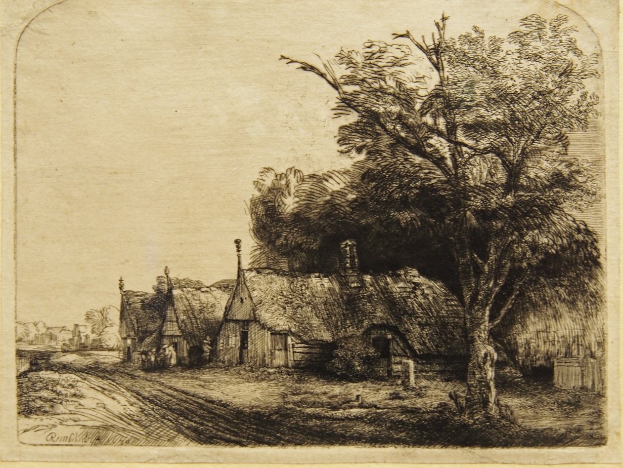 Tres casas de campo a lo largo de un camino de Rembrandt van Rijn