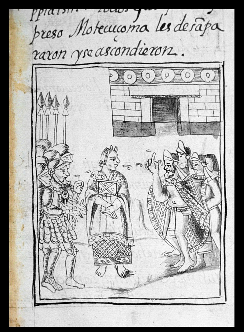 Ms Palat. 218-220 Libro IX Marina interpretando para los españoles en una reunión entre Hernando Cortés y Moctezuma (1466-1520), del 
