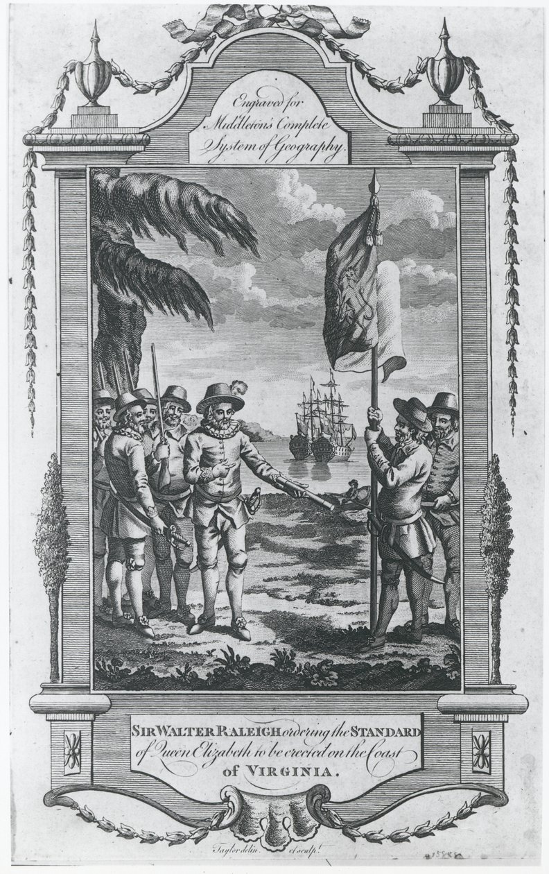 Sir Walter Raleigh (1552-1618) ordenando erigir el estandarte de la Reina Isabel en la costa de Virginia, 1584, grabado por el artista para 