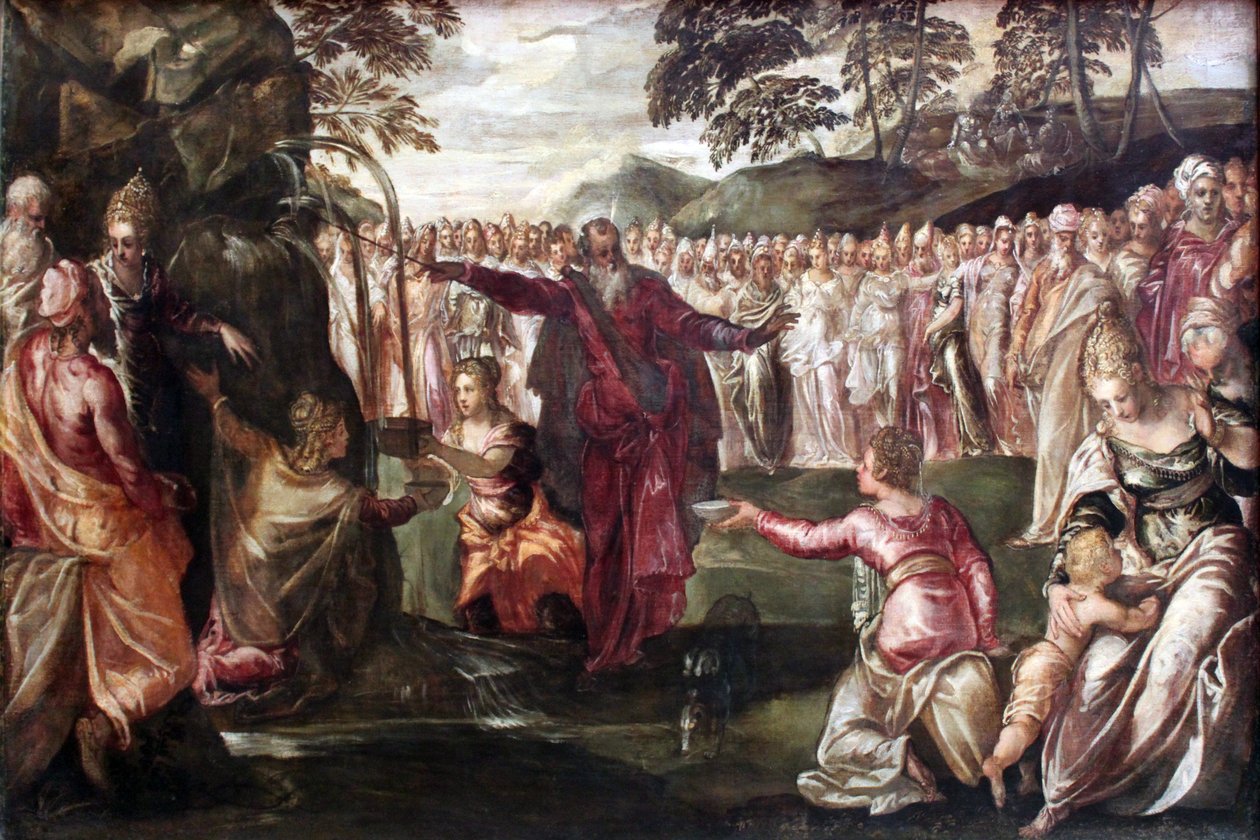 Moisés golpea la roca para sacar agua de Tintoretto