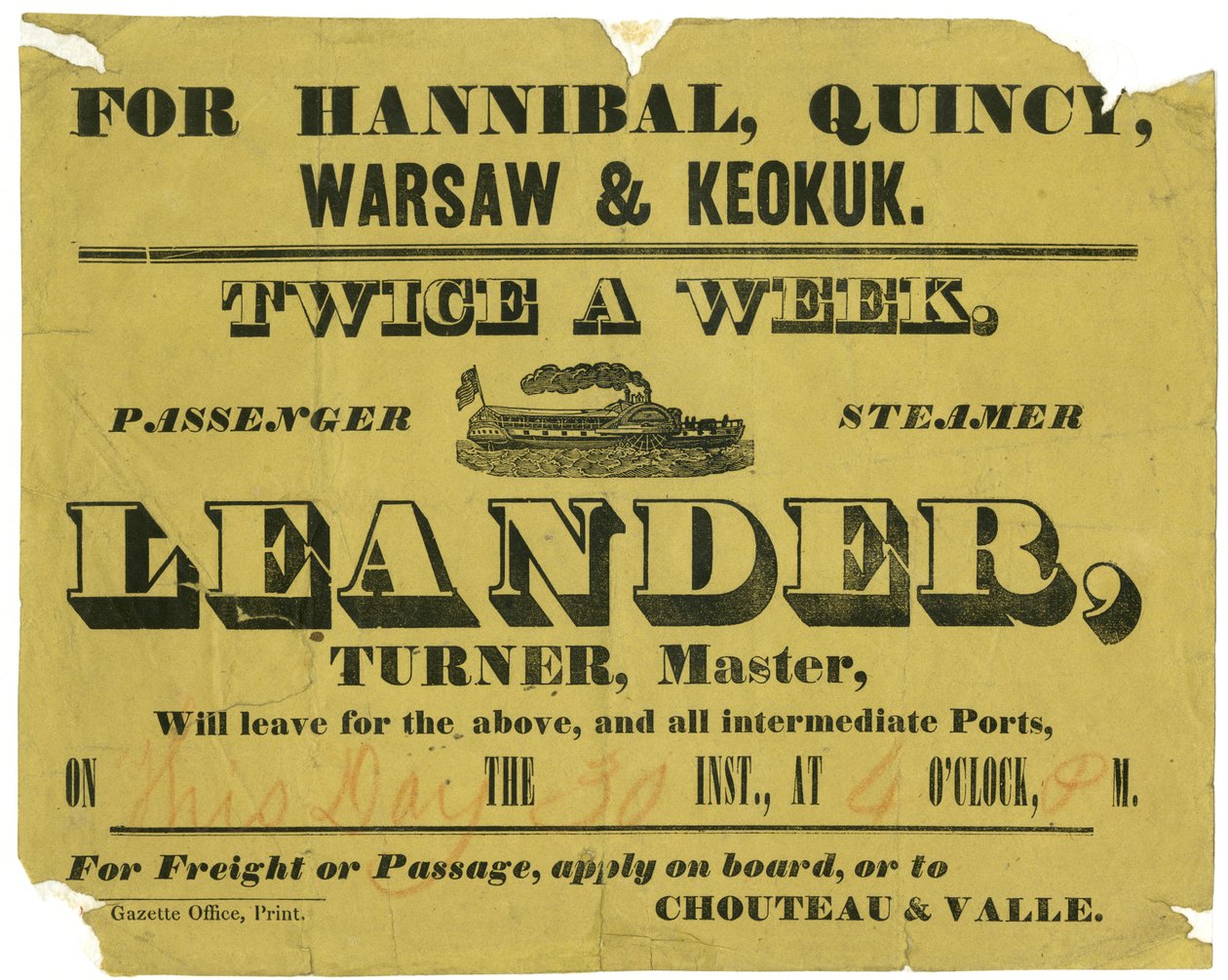 Anuncio de S.S.Leander, carga o pasaje dos veces por semana, a Hannibal, Quincy, Varsovia y Keokuk, ca. 1850 de Unknown