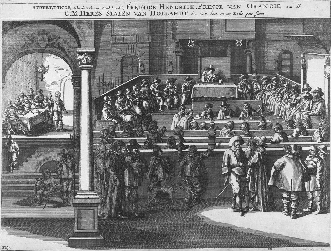 Afbeeldinge, Hoe de Nieuwe Stadt houder, Fredrick Hendrick, Prince van Orangie, aen de G.M. Heren Staten van Hollandt den Eedt doet en ter Rolle gaet sitten Frederik Hendrik legt de eed af als stadhouder en neemt zitting in de Staten van Holland, 1625 de Unknown