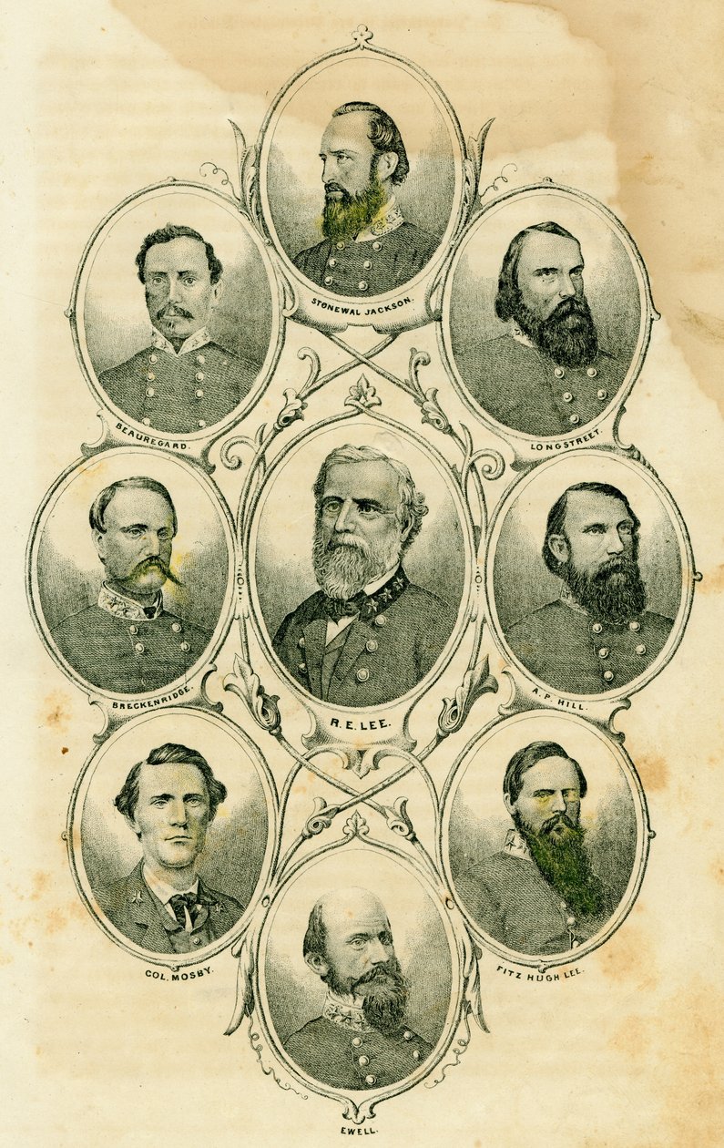 Generales confederados (Los sujetos incluyen a los generales Stonewall Jackson, Longstreet, A.P. Hill, Fitzhugh Lee, Ewell, Breckenridge, Beauregard, y Lee y el Coronel Mosby) de Unknown