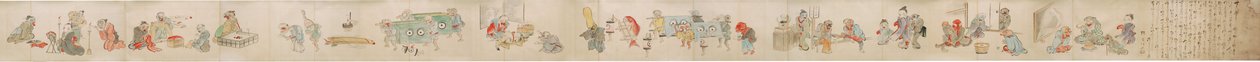 Pergamino japonés que representa el compromiso, matrimonio y vida hogareña de Yokai/youkai de Unknown