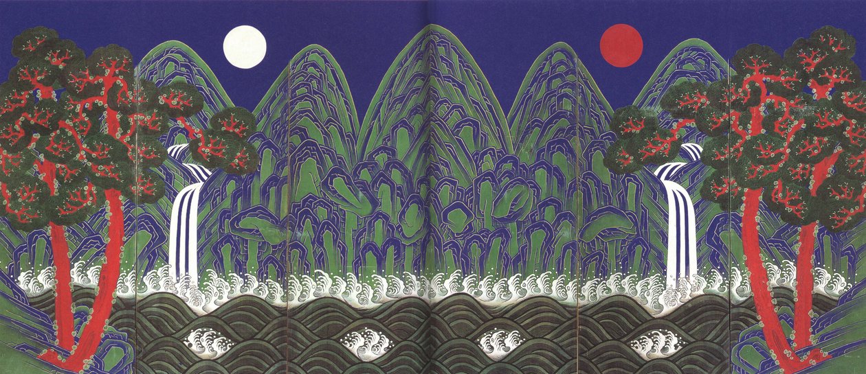 Pintura del Sol, la Luna y los Cinco Picos de Unknown
