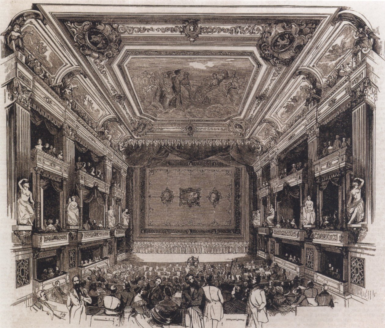 Sala de espectadores del reconstruido Teatro Real de la Ópera de Berlín, 1844, Illustrierte Zeitung Nr. 88, Berlín 1845 de Unknown