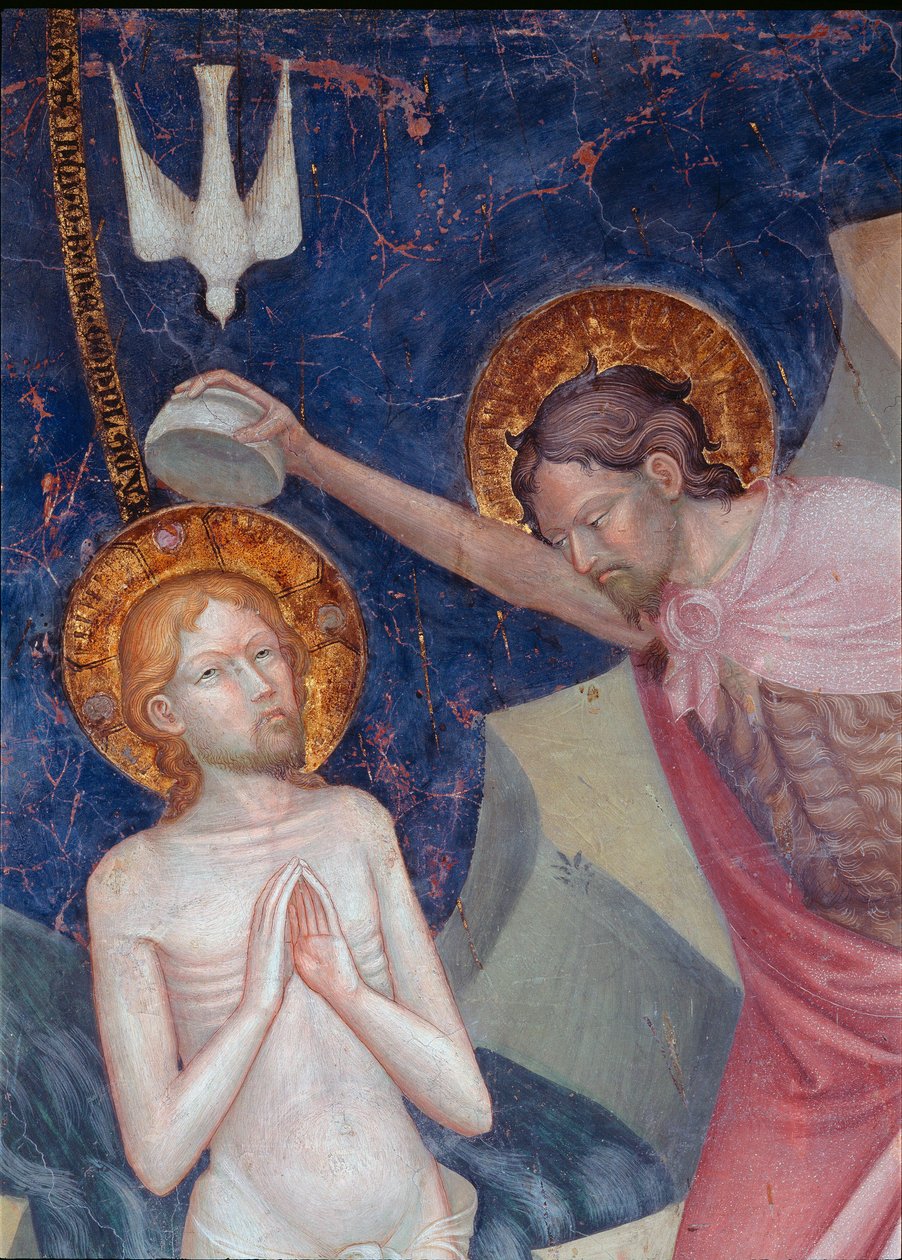 San Juan Bautista bautiza a Cristo (detalle). Fresco de Lorenzo (circa 1374-1420) y Jacopo (? -después de 1427) Salimbeni 1416. Urbino Oratorio di San Giovanni de Lorenzo da  Sanseverino