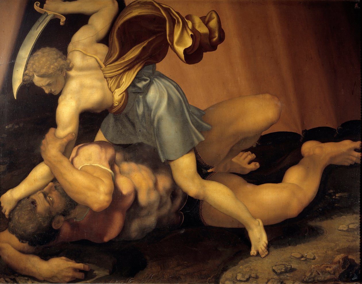 David y Goliat. Pintura en pizarra de doble cara por Daniele de Volterra (1509-1566) de Daniele da  Volterra
