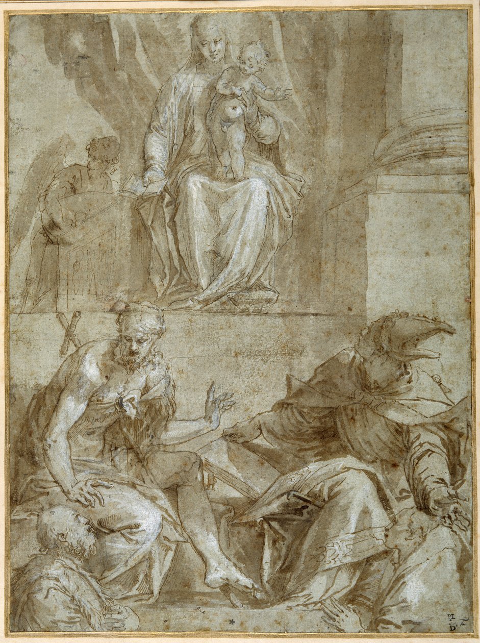 La Virgen y el Niño entronizados con los santos Juanes, c.1548 (pluma, tinta negra y aguada marrón sobre papel) de Veronese