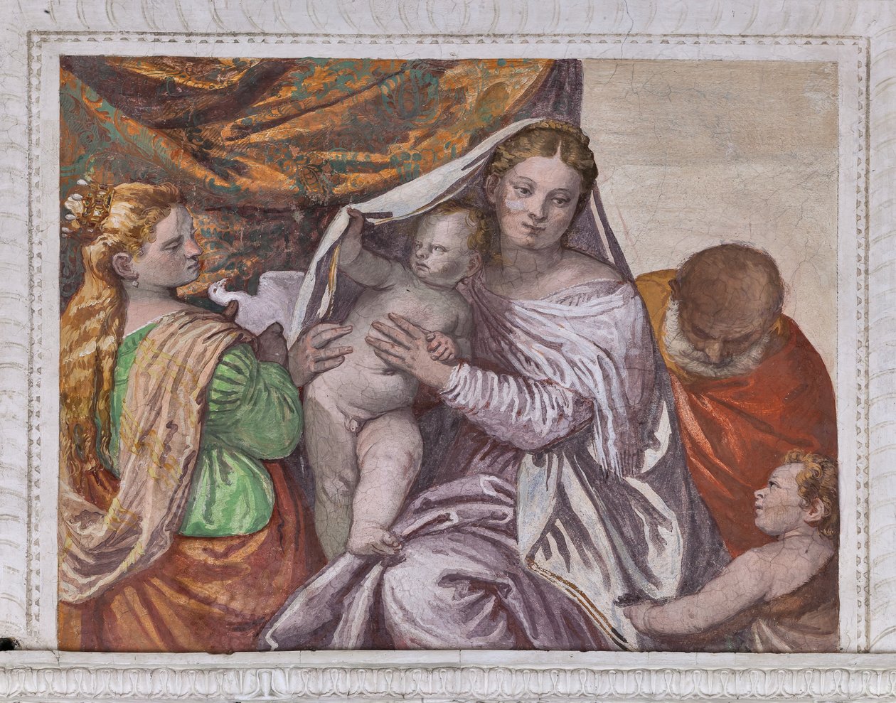 Virgen con el Niño Jesús y Santa Catalina ofreciendo una paloma a Jesús, pared sur de la Sala del Perrito, detalle de 2632659 de Veronese