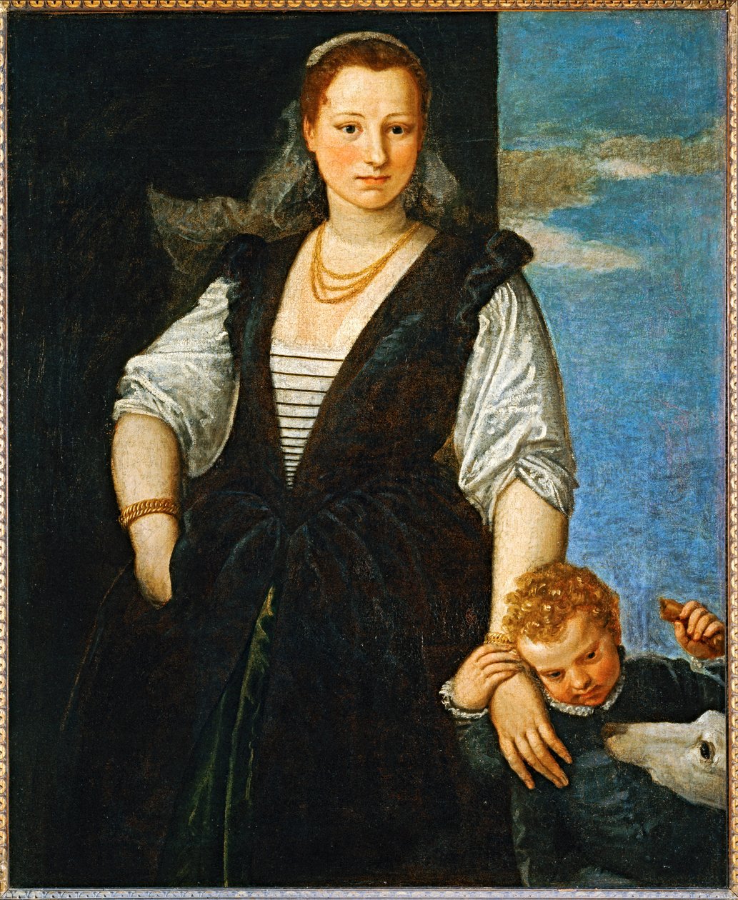 Retrato de mujer con un niño y un perro - Portrait de femme avec un enfant et un chien ... de (1528 88) Veronese