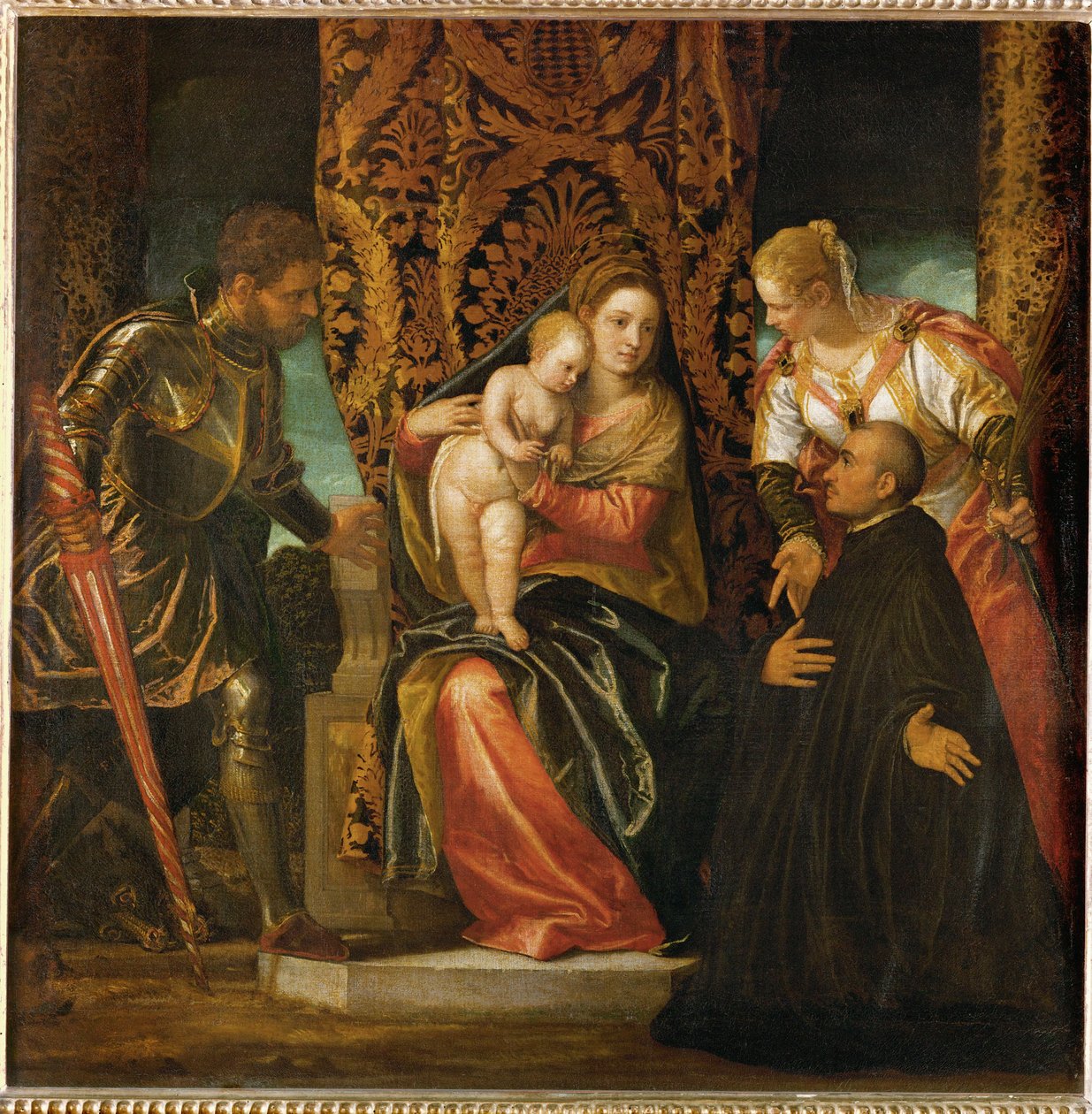 Santa María y Jesús entre San Jorge y Santa Justina con un monje benedictino arrodillado ... de (1528-88) Veronese