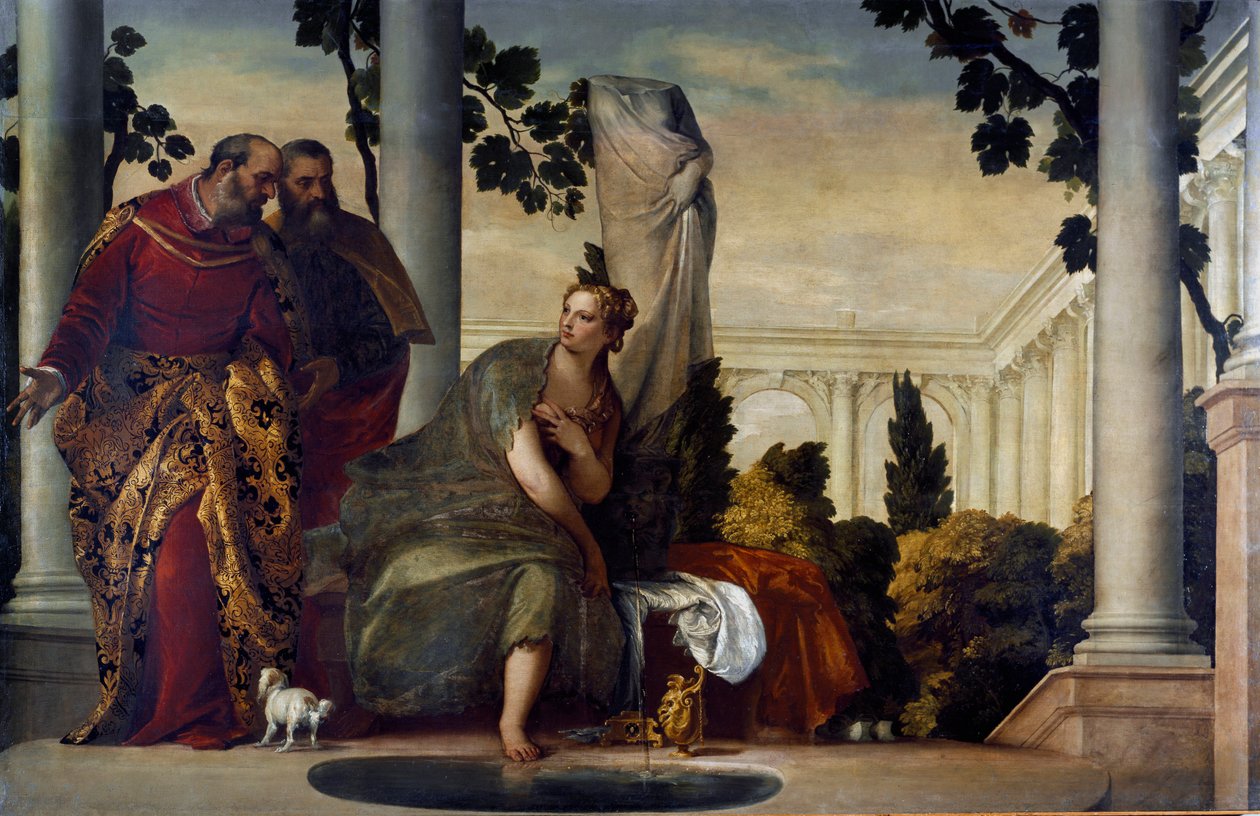 Susana y los ancianos. Pintura de Paolo Caliari llamado Paul Veronese (1528-1588), circa 1570. Óleo sobre lienzo. Dim: 175x320cm. Génova, Colección Banca Carige de Veronese