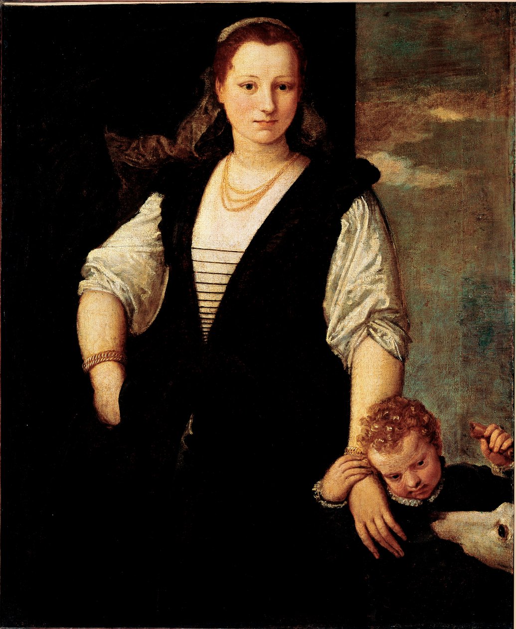 Retrato de una mujer con un niño y un perro (¿los hijos de Francesco Bevilacqua?). Pintura de Paolo Veronese Caliari (1528-1588) siglo XVI. París, Museo del Louvre de Veronese