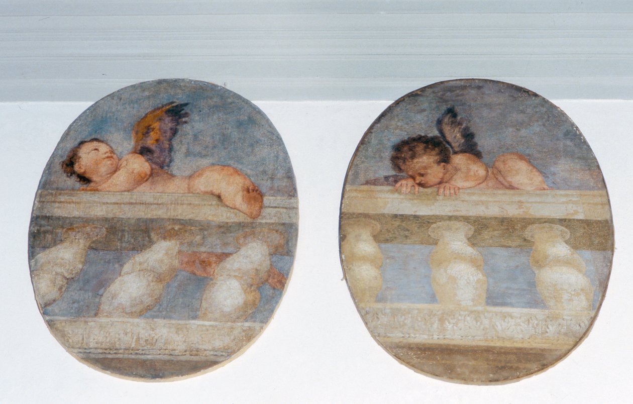 Dos putti alados trepando sobre una balaustrada, medallones de la sacristía (fresco) de Veronese
