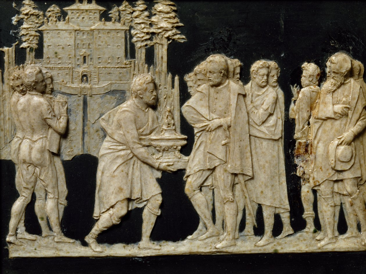 Presentación a Francesco I del modelo de fuente en Pratolino, por Jean de Boulogne alias Giambologna (1529-1608), baldosa de cera de Giambologna