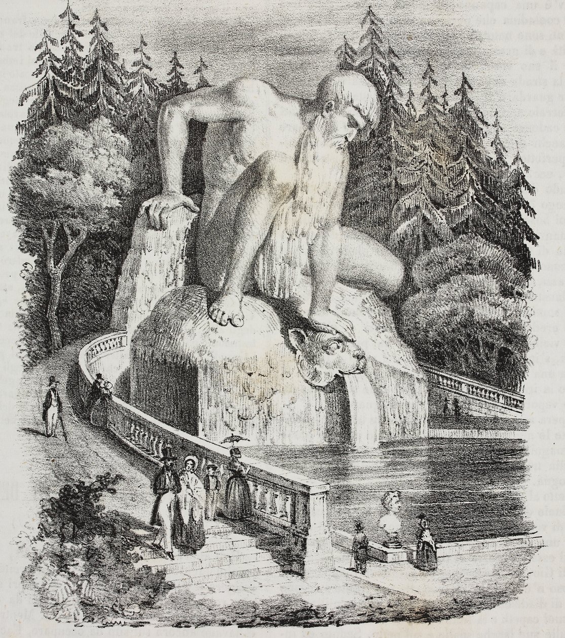 Coloso de los Apeninos (por Giambologna) en el parque de Villa Demidoff (Villa Medicea de Pratolino), Vaglia, Toscana, Italia, litografía de Giovanni Mariani de Poliorama Pittoresco, n 10, 15 de octubre de Giambologna