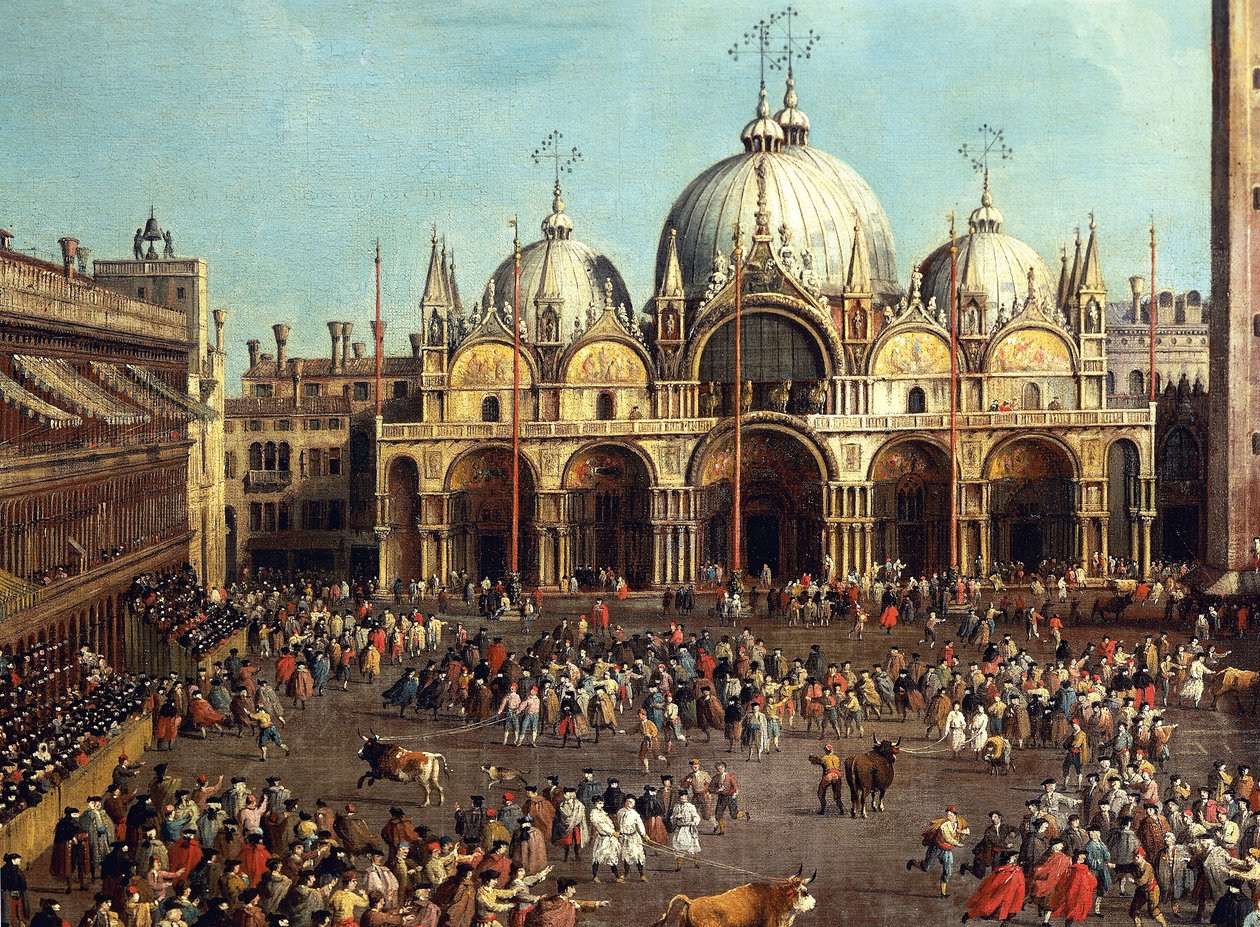 Corrida de toros o Caza de toros en la Piazza San Marco, por Giovanni Antonio Canal, conocido como Canaletto (1697-1768) y Giovanni Battista Cimaroli (1687-después de 1753) de Canaletto