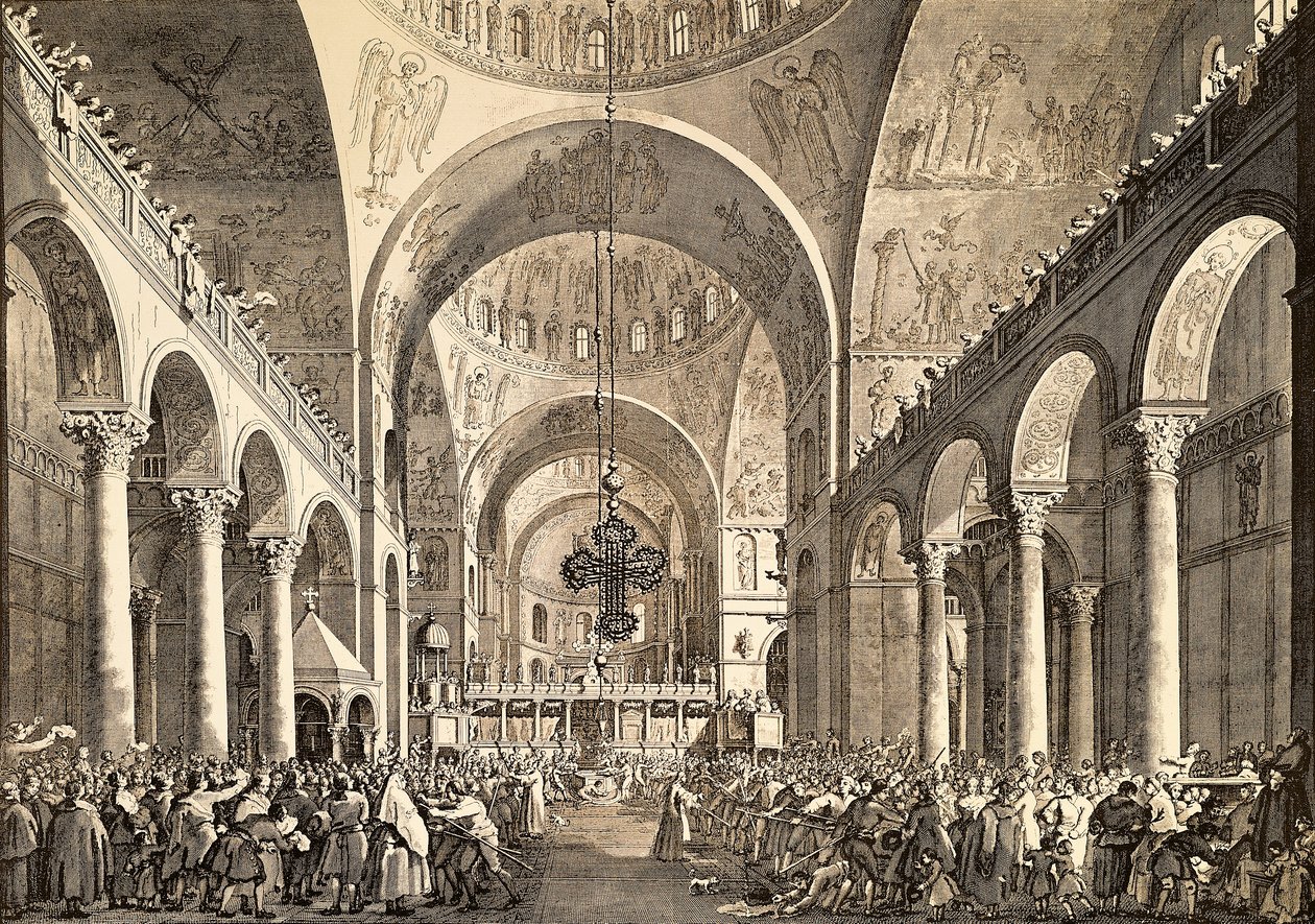 Fiesta veneciana, el recién elegido Dux de Venecia siendo presentado al pueblo en la Basílica de San Marcos, por Giovanni Antonio Canal, conocido como Canaletto (1697-1768) y Giovanni Battista Brustolon (1712-1796), grabado. Italia de (1697 1768) Canaletto