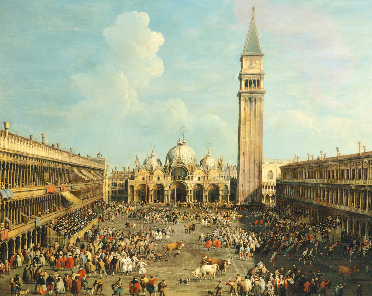 Corrida de toros o caza de toros en la Piazza San Marco, por Giovanni Antonio Canal, conocido como Canaletto y Giovanni Battista Cimaroli de Canaletto