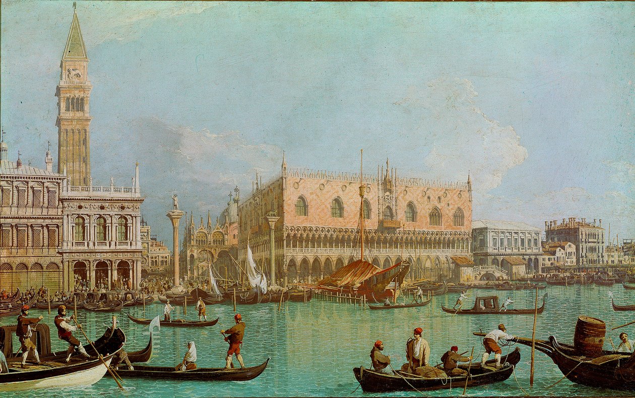 El Molo con el Palacio Ducal del estanque de San Marcos (Il molo col Palazzo Ducale dal bacino di San Marco). Vista de Venecia, Palacio Ducal y Plaza de San Marcos desde el Canal. Pintura de Giovanni Antonio Canal, conocido como Canaletto (1697-1768) de Canaletto