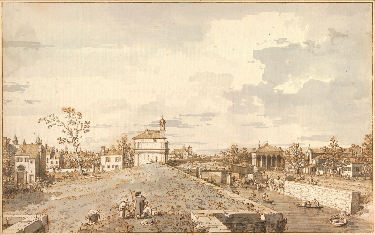 "Vista de Porta Portello con el canal Brenta, Padua" Dibujo a pluma de Antonio Canal llamado Canaletto (1697-1768) 1740-1743 Dim 33,1x52,9 cm Albertina, Viena de Canaletto