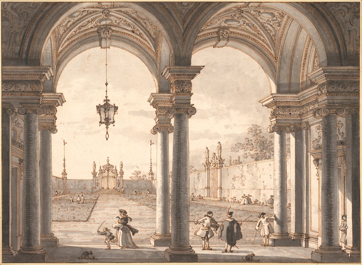 Vista a través de una columnata barroca hacia un jardín de Canaletto