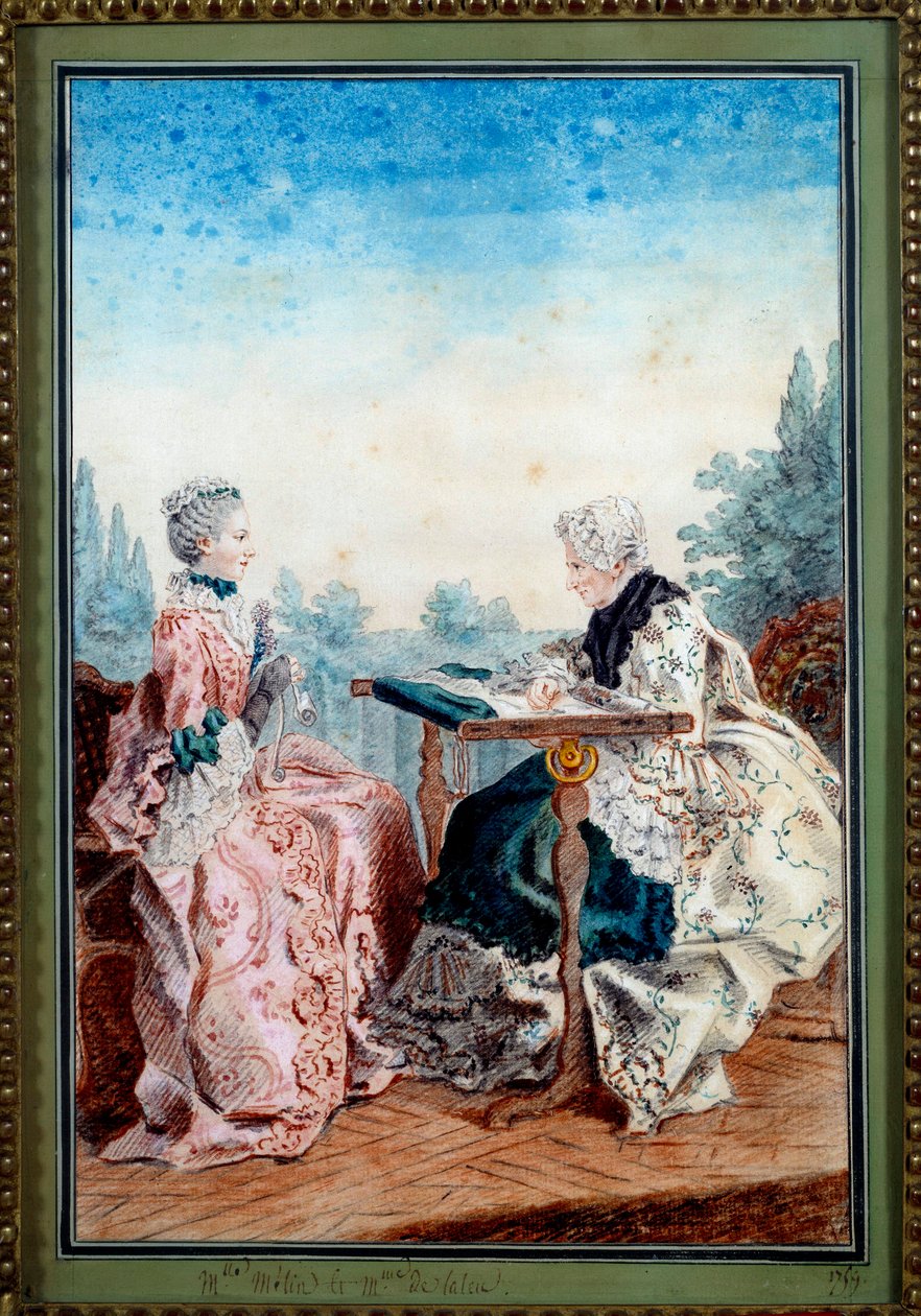 Mademoiselle Melin y Mademoiselle de Laleu haciendo tapicería de Carmontelle