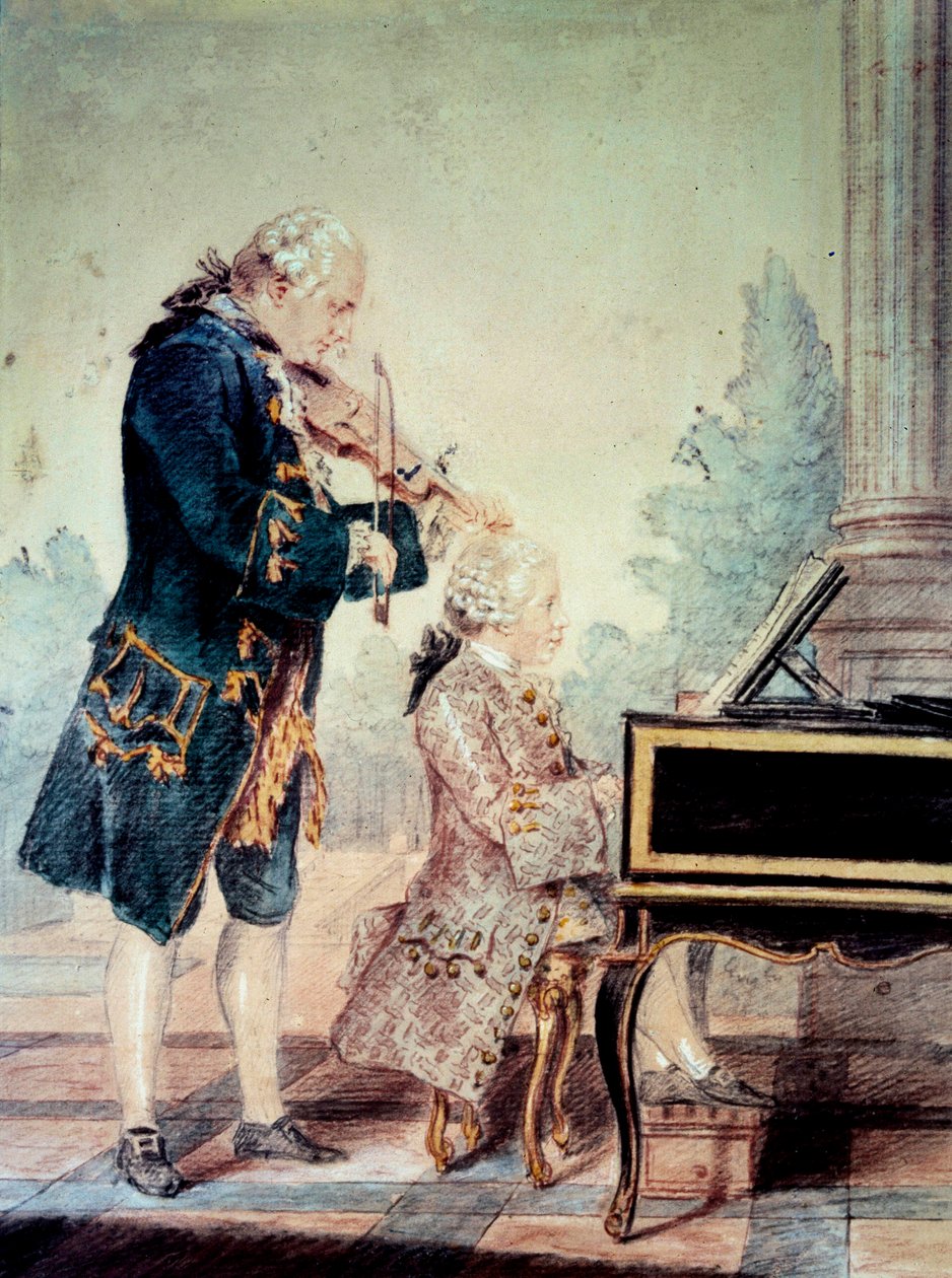 Wolfgang Amadeus Mozart (1756-1791) niño tocando el piano con su padre Leopold Acuarela de Louis Carrogis Carmontelle (1717-1806) 1777 París, Museo Carnavalet de Carmontelle