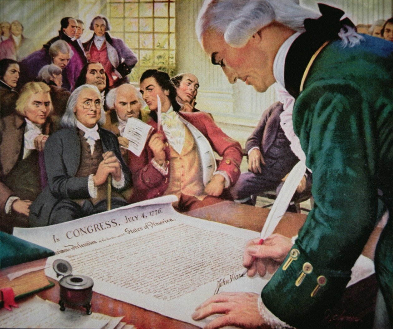 John Hancock (1737-93) firma la Declaración de Independencia de los Estados Unidos, 4 de julio de 1776 de (after) American School