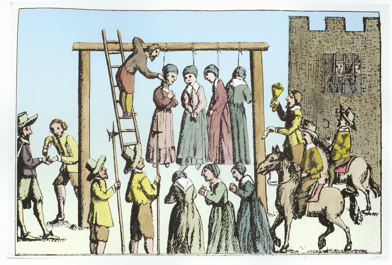 Una ejecución de brujas en Inglaterra (grabado) (coloración posterior) de (after) English School