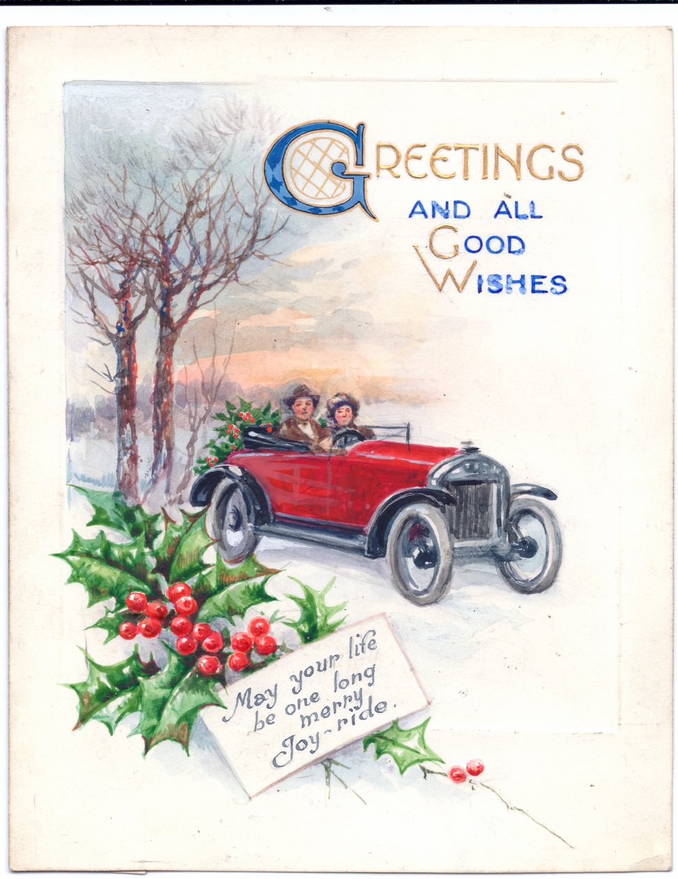 Obra de arte original para una tarjeta de Navidad de un coche rojo y acebo, circa 1951 de (after) English School